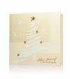    Karácsonyi üdvözlőlap - 135x135 mm - oldalra nyitható - krémszínű gyöngyházfényű karton - matt fehér és fényes réz fólianyomással, fehér thermoporos díszítéssel - gyöngyökkel - betétlapos