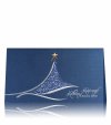     Karácsonyi üdvözlőlap - 180x100 mm - felfelé nyitható - kék gyöngyházfényű karton - ezüst, kék és réz fóliadíszítéssel, domborítással