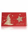     Karácsonyi üdvözlőlap - 180x100 mm - felfelé nyitható - borító: piros matt karton, aranyozott díszítéssel, fenyőfa és csillag kivágással - betétlap: krémszínű gyöngyházfényű lap