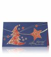      Karácsonyi üdvözlőlap - 180x100 mm - felfelé nyitható - borító: kék gyöngyházfényű karton, aranyozott díszítéssel, fenyőfa és csillag kivágással - betétlap: piros gyöngyházfényű lap