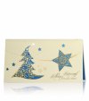 Karácsonyi üdvözlőlap - 180x100 mm - felfelé nyitható - borító: krémszínű gyöngyházfényű karton, aranyozott díszítéssel, fenyőfa és csillag kivágással - betétlap: kék gyöngyházfényű lap